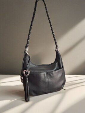 BRIGHTON BARBADOS Black Pebbled Leather Zip Top Shoulder Handbag Hobo Purse